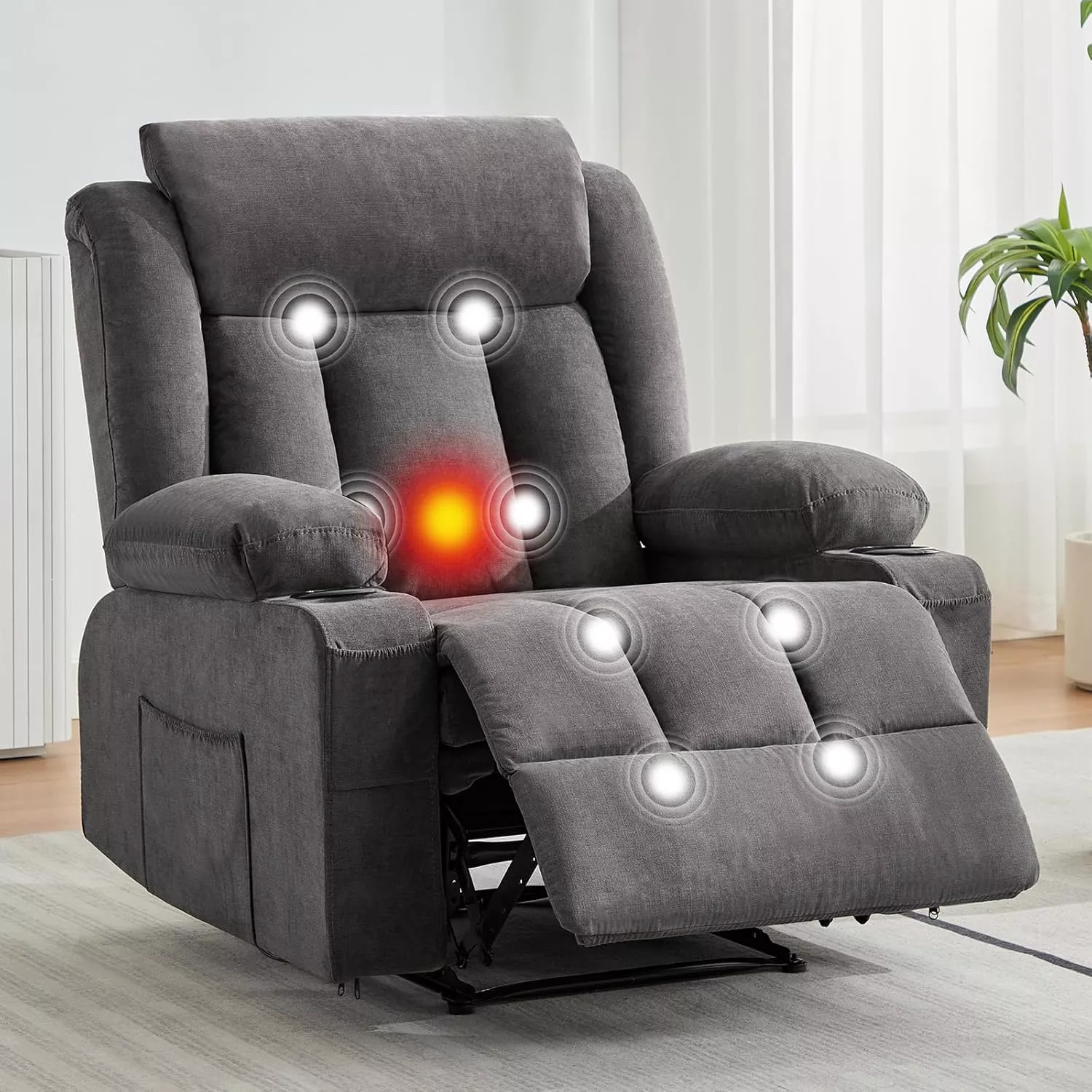 Recliner Chair 24″ Seat Width, Manual Reclining Sofa with Massage and Heat, Comfy Overstuffed Rocking Chair with Side Pockets, Front Pockets and Cup Holder for Living Room, Brown