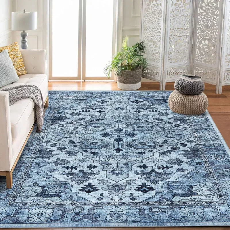 Vintage Floral Washable Area Rug, Blue 10×13 Non Slip Low Pile Rug for Living Room and Bedroom, Kid and Pet Friendly